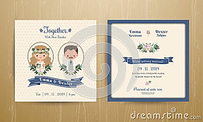 Rustic wedding cartoon bride and groom couple invitation card Vector Illustration