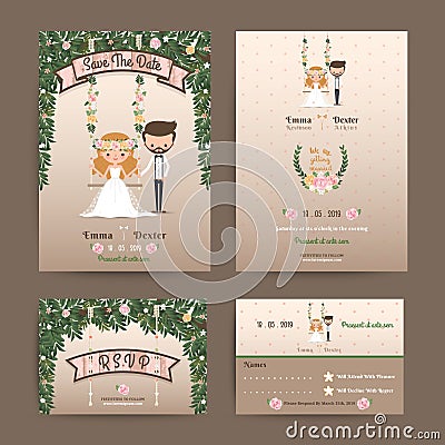 Rustic wedding cartoon bride and groom couple Vector Illustration