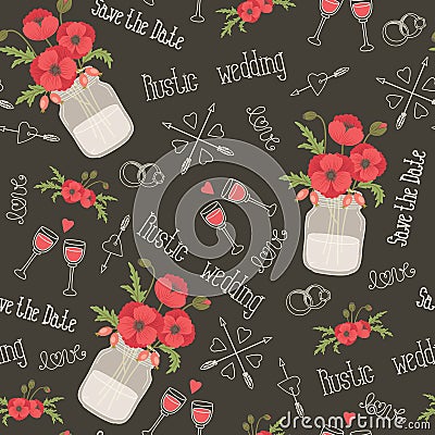 Rustic wedding poppy flowers seamless pattern Vector Illustration