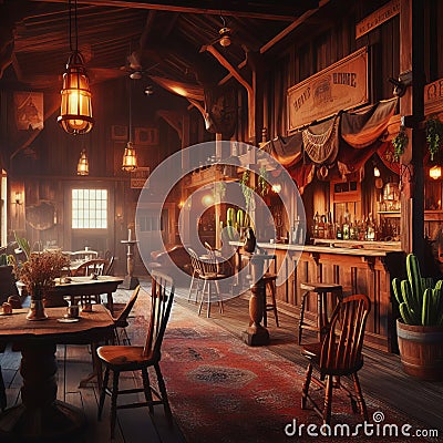 Rustic western saloon with bar, tables, chairs, and vintage decor. Stock Photo