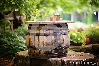 rustic whisky barrel on a wooden table outdoors Stock Photo