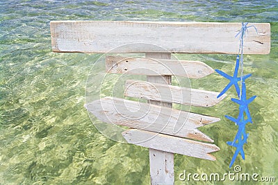 Rustic white empty wood signs with blue starfish over fresh green ocean water Stock Photo