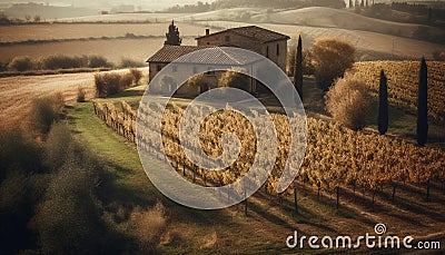 Rustic winery in tranquil Italian countryside at dawn generated by AI Stock Photo