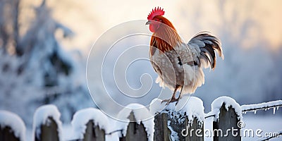 Rustic Winter Roosters in Morning Light. Generative ai Cartoon Illustration