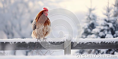 Rustic Winter Roosters in Morning Light. Generative ai Cartoon Illustration