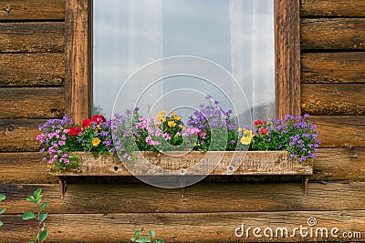 Rustic wood cabin with colorful flowers in the windowbox Stock Photo