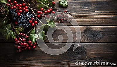 Rustic wood table adorned with fresh holly wreath and berries generated by AI Stock Photo