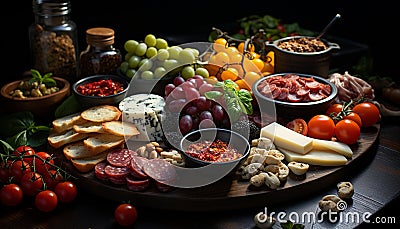 Rustic wood table, gourmet meal tomato, salami, prosciutto, mozzarella generated by AI Stock Photo