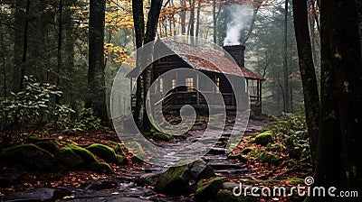 Whispers of the Woods: The Moss-Covered Cabin Surrounded by Autumn's Vibrancy Stock Photo