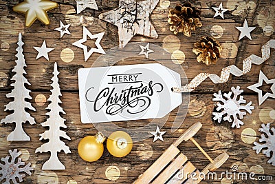 Rustic Wooden Christmas Background, Bokeh, Label With Words Merry Christmas Stock Photo