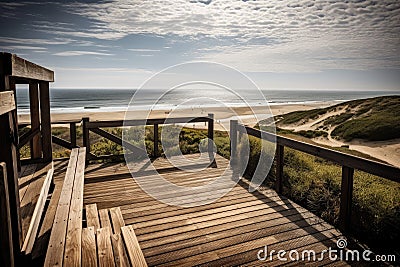 rustic wooden deck with view of the ocean and dunes Stock Photo