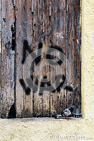 Rustic wooden door with inscription no war. Dove as a symbol of peace Stock Photo