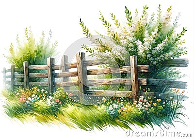 Rustic wooden fence surrounded by lush greenery and flowers Stock Photo