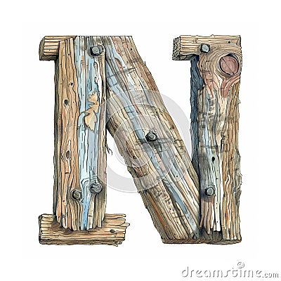 Rustic wooden letter N made of old weathered barn wood with knots and nail holes. Stock Photo