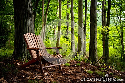 Rustic wooden outdoor chair offers a peaceful retreat in nature Stock Photo