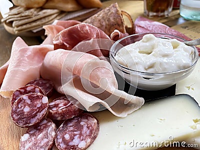 Rustic wooden serving tray with typical products of Italian Emilia-Romagna region Stock Photo