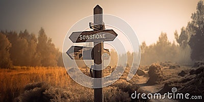 A rustic wooden signpost with arrows pointing in various directions, representing choices and decisions, concept of Stock Photo