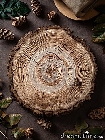 Rustic wooden slice on table with empty space for menu or text. Country wood ring top view flatlay background. Generative AI Stock Photo