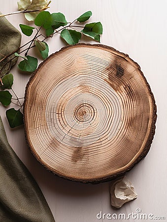 Rustic wooden slice on white table with empty space for menu or text. Country wood ring top view flatlay background. Generative AI Stock Photo