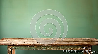 A rustic wooden table against a faded green backdrop. Stock Photo