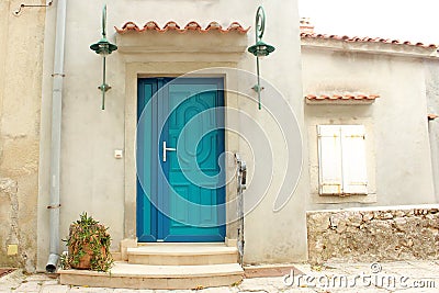 Rustical Vintage Marine Turquoise and Blue Door Stock Photo
