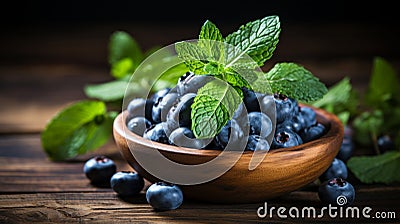 Rustically staged ripe blueberries and fresh spearmint in clay bowl on wooden table Stock Photo