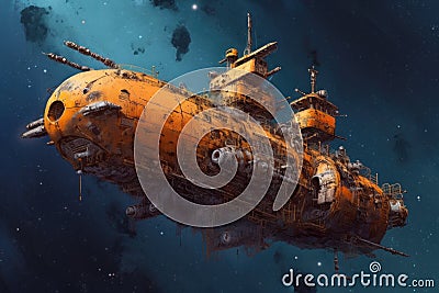 rusting spaceship drifting in the void of space Stock Photo