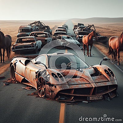 rusty abandoned broken petrol engine italian supercar towed to car yard as outlaw for co2 emissions Stock Photo