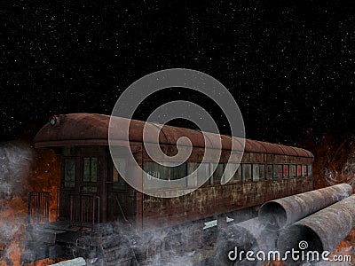 Rusty abandoned carriage train and tubes. Stock Photo