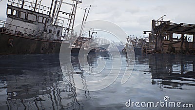 Rusty abandoned ships in the sea bay. Destroyed abandoned industrial ships. 3D Rendering Stock Photo