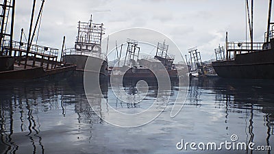 Rusty abandoned ships in the sea bay. Destroyed abandoned industrial ships. 3D Rendering Stock Photo