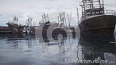 Rusty abandoned ships in the sea bay. Destroyed abandoned industrial ships. 3D Rendering Stock Photo