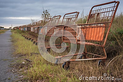 rusty abandoned shopping carts in a row Stock Photo