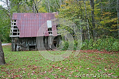 Rusty Barn, Fall Leaves Stock Photo