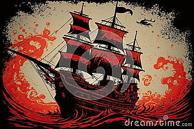 A rusty black pirate ship out at sea & x28; , & x29; Stock Photo
