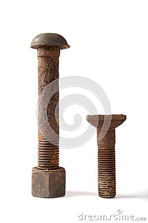Rusty bolt with a nut on white background Stock Photo