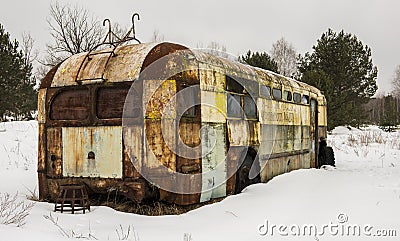 Rusty Caravan in Chernobyl in Wintertime Stock Photo