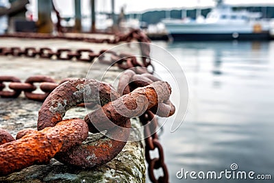 rusty chain links connecting to a weathered anchor on the dock Stock Photo