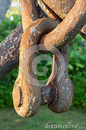 Rusty chain links on large anchor in garden Stock Photo