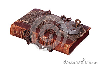 Rusty chain and padlock on old book Stock Photo