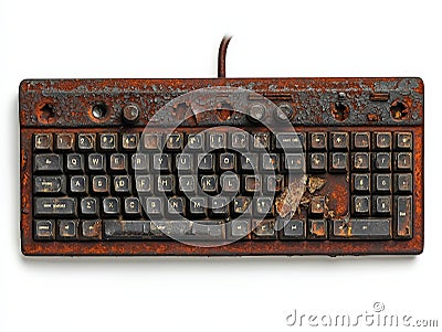 Rusty computer keyboard with a broken key and worn-out keys on a wooden surface Stock Photo