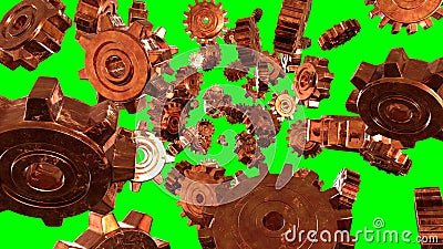 Rusty copper gears on green chroma key background. Cartoon Illustration