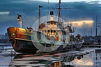 Rusty decommissioned marine ship that was left on the shore. The ship in the port is waiting for repair or scrapping. Ship Stock Photo
