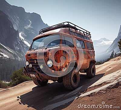 rusty dirt offroad 4x4 lifted vintage custom camper conversion jeep overlanding in mountain roads Stock Photo