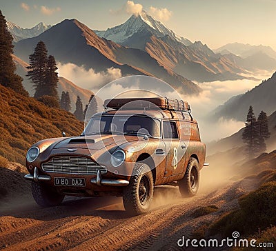 rusty dirt offroad 4x4 lifted vintage custom camper conversion jeep overlanding in mountain roads Stock Photo