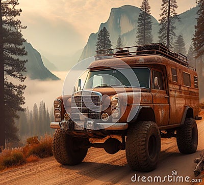 rusty dirt offroad 4x4 lifted vintage custom camper conversion jeep overlanding in mountain roads Stock Photo