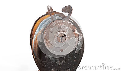 A rusty dirty old vintage antique vacuum mounted hand powered pencil sharpener isolated on white with room 3d render Stock Photo