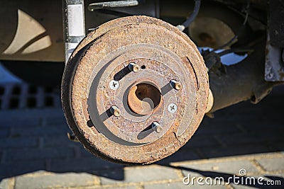 Rusty drum brake in the car Stock Photo