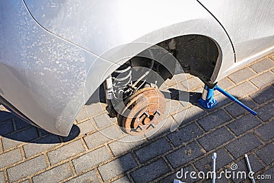 Rusty drum brake in the car Stock Photo