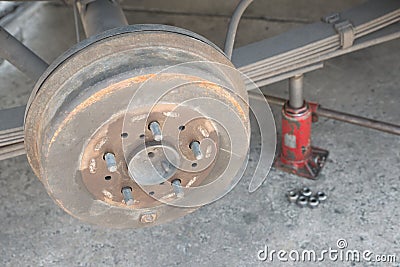 Rusty drum brake housing Stock Photo